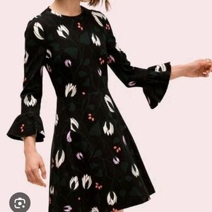 Kate Spade Round Neck Three Quarter Pleated Cuff Sleeve Medium Dress Floral